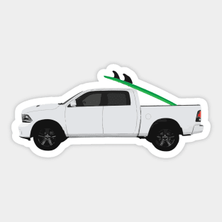 Green surf board in white pickup truck Sticker